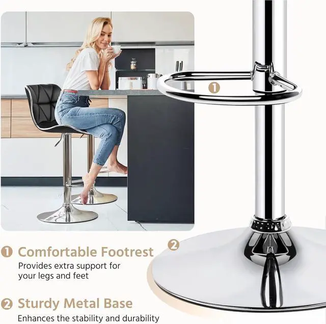 Alt view image 6 of 7 - Yaheetech Bar Stools Set of 2, Adjustable PU Leather Swivel Barstools with Shell Back, Bar Chairs with Footrest for Home Kitchen, Black