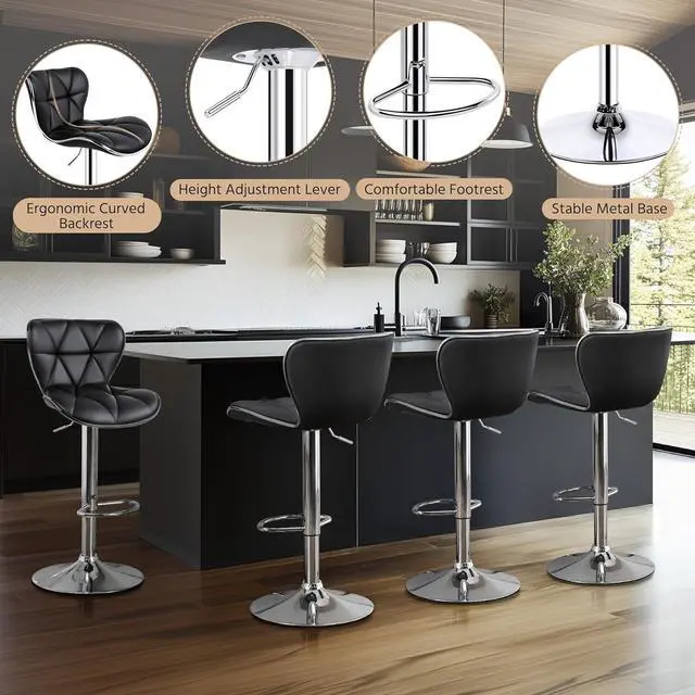 Alt view image 4 of 7 - Yaheetech Bar Stools Set of 2, Adjustable PU Leather Swivel Barstools with Shell Back, Bar Chairs with Footrest for Home Kitchen, Black