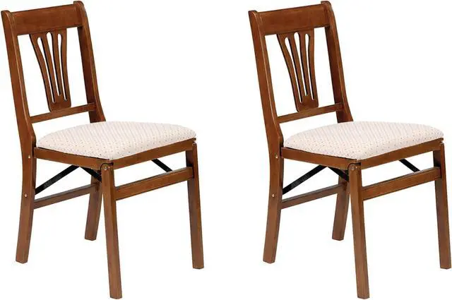 Main image of MECO Stakmore Urn Premium Solid Wood Dining Table Folding Chair Set with Fabric Padded Upholstered Seat, Fruitwood/Blush (2 Pack)