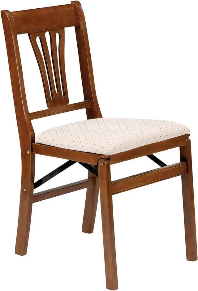Alt view image 2 of 5 - MECO Stakmore Urn Premium Solid Wood Dining Table Folding Chair Set with Fabric Padded Upholstered Seat, Fruitwood/Blush (2 Pack)