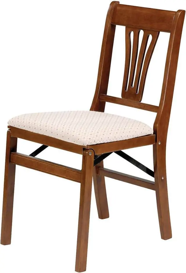 Alt view image 3 of 5 - MECO Stakmore Urn Premium Solid Wood Dining Table Folding Chair Set with Fabric Padded Upholstered Seat, Fruitwood/Blush (2 Pack)