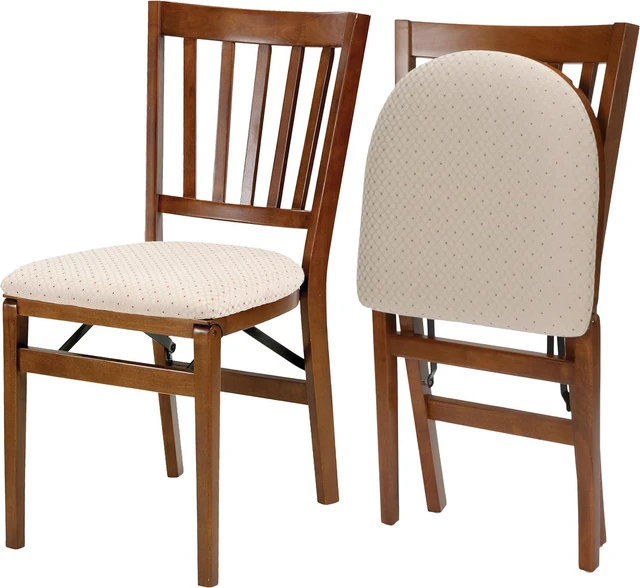 Main image of MECO Stakmore School House Wooden Folding Chairs with Padded Seats, Set of 2 - No Assembly Foldable Dining Chairs, Steel Folding Mechanism, Upholstered Cushion, Space-Saving, Fruitwood Frame