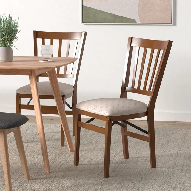 Alt view image 2 of 7 - MECO Stakmore School House Wooden Folding Chairs with Padded Seats, Set of 2 - No Assembly Foldable Dining Chairs, Steel Folding Mechanism, Upholstered Cushion, Space-Saving, Fruitwood Frame