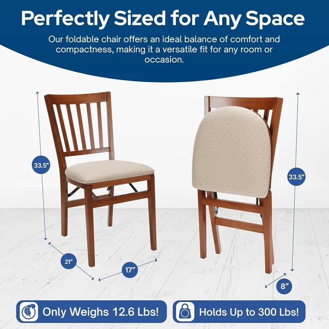Alt view image 3 of 7 - MECO Stakmore School House Wooden Folding Chairs with Padded Seats, Set of 2 - No Assembly Foldable Dining Chairs, Steel Folding Mechanism, Upholstered Cushion, Space-Saving, Fruitwood Frame