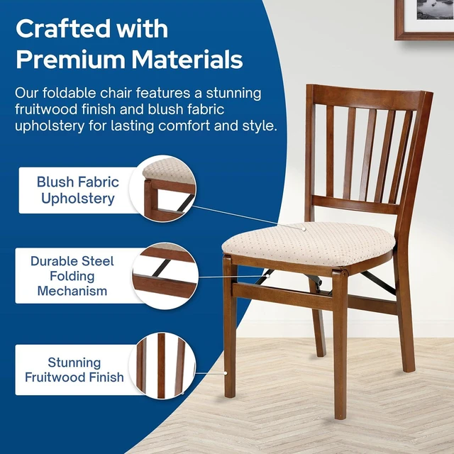 Alt view image 4 of 7 - MECO Stakmore School House Wooden Folding Chairs with Padded Seats, Set of 2 - No Assembly Foldable Dining Chairs, Steel Folding Mechanism, Upholstered Cushion, Space-Saving, Fruitwood Frame