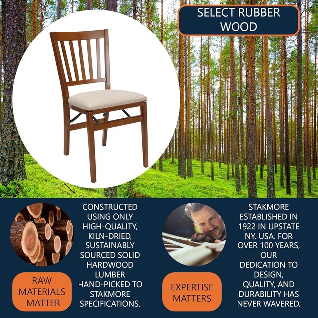 Alt view image 7 of 7 - MECO Stakmore School House Wooden Folding Chairs with Padded Seats, Set of 2 - No Assembly Foldable Dining Chairs, Steel Folding Mechanism, Upholstered Cushion, Space-Saving, Fruitwood Frame