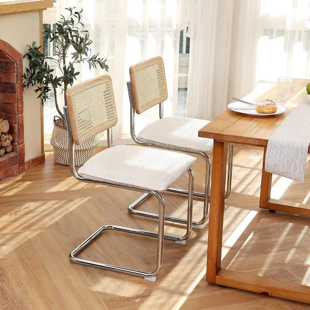 Alt view image 5 of 7 - ONEVOG Upholstered Boucle Dining Chairs Set of 2, Sturdy Rubber Wood Frame Cane Chairs, Comfy Kitchen Chairs with Natural Cane Back, Stainless Chrome Base for Dining Room, Club, Waiting Room