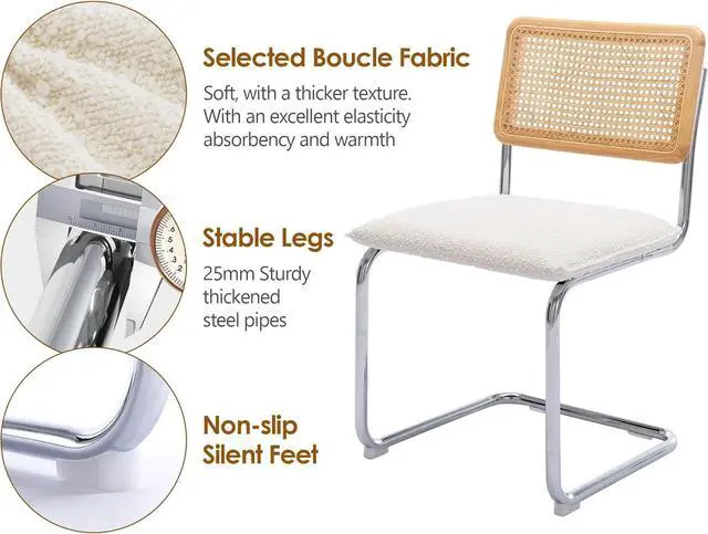 Alt view image 6 of 7 - ONEVOG Upholstered Boucle Dining Chairs Set of 2, Sturdy Rubber Wood Frame Cane Chairs, Comfy Kitchen Chairs with Natural Cane Back, Stainless Chrome Base for Dining Room, Club, Waiting Room