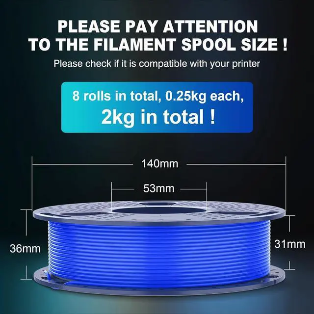 Alt view image 3 of 7 - SUNLU 250g PLA Filament 1.75mm Bundle,3D Printer Filament Bundle Multicolor, Neatly Wound PLA Filament, Individually Vacuum Packed,250g Spool,8 Rolls,Black+White+Grey+Transparent+Red+Blue+Orange+Green