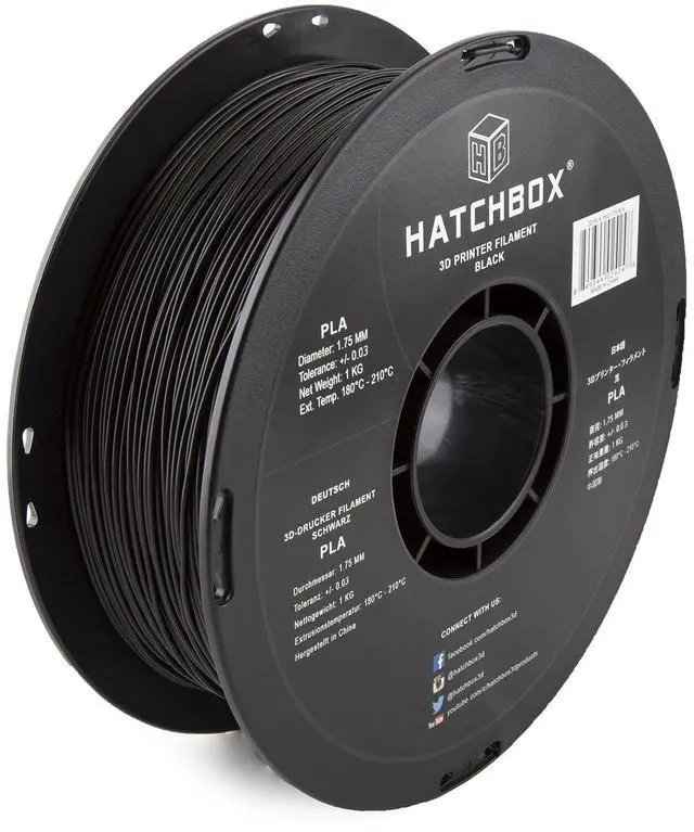 Main image of HATCHBOX 1.75mm Black PLA 3D Printer Filament, 1 KG Spool, Dimensional Accuracy +/- 0.03 mm, 3D Printing Filament