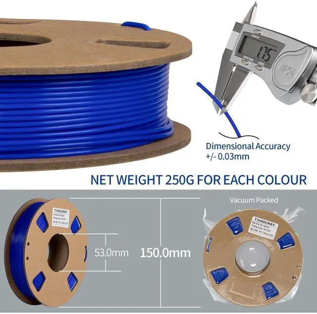 Alt view image 5 of 6 - PLA 3D Printer Filament Bundle, TINMORRY PLA Filament 1.75mm, 250g x 5 Spools, Black+White+Blue+Red+Green, Net Weight 1.25kg