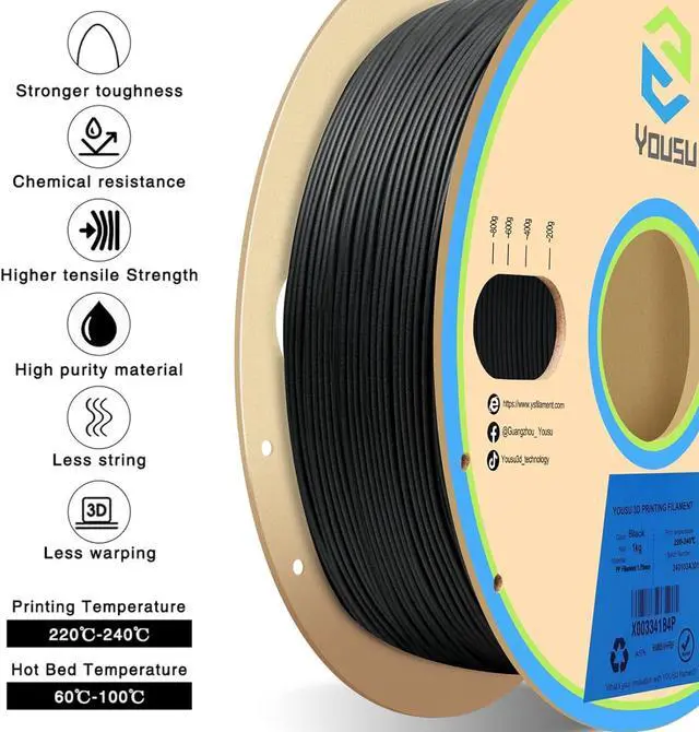 Alt view image 3 of 6 - YOUSU Polypropylene PP Filament, 1.75mm 3D Printer Filament for 3D Printing, 1kg(2.2lbs) 5pcs Build Sheet Included, Semi-Flexible Ultra Tough Filament, Black