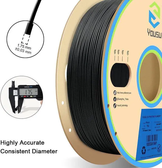 Alt view image 2 of 6 - YOUSU Polypropylene PP Filament, 1.75mm 3D Printer Filament for 3D Printing, 1kg(2.2lbs) 5pcs Build Sheet Included, Semi-Flexible Ultra Tough Filament, Black