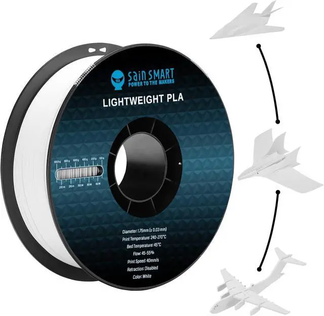 Main image of SainSmart Light Weight Filament 1.75mm, LW-PLA Low-Density Active Foaming 3D Printer Filament for RC Planes Drone Parts and Cosplay, White PLA Filament, 1KG