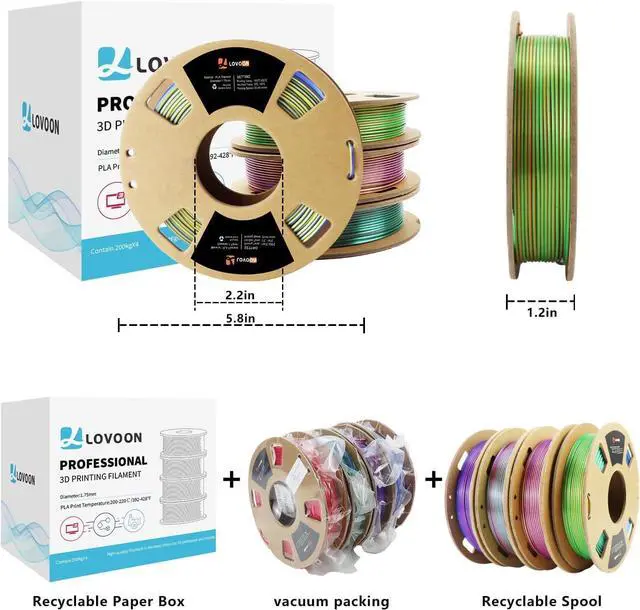 Alt view image 7 of 7 - LOVOON 3D PLA Filament 1.75mm Bundle, Tricolor 3D Printer Filament Bundle, Rainbow Silk PLA Filament Bundle, PLA Filament for 3D Printer 3D Pen, Dimensional Accuracy +/-0.02mm, 200g x 4 Spools