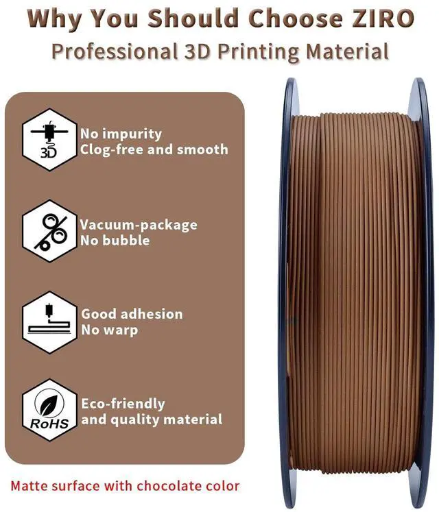 Alt view image 2 of 5 - ZIRO Matte PLA Filament 1.75mm,1KG 3D Printer Filament,High Toughness PLA,Dimensional Accuracy +/- 0.03mm,Matte PLA Chocolate