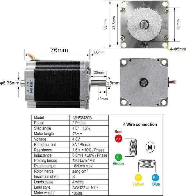 Alt view image 6 of 7 - Nema23 Stepper Motor 76mm Dual Shaft 3A 270oz-in 4 Lead Wire for CNC Router Engraving Milling/3D Printer