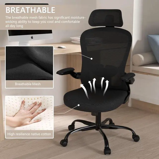Alt view image 6 of 7 - Office Chair, High Back Ergonomic Desk Chair, Breathable Mesh Desk Chair with Adjustable Lumbar Support and Headrest, Swivel Task Chair with flip-up Armrests, Executive Chair for Home Office