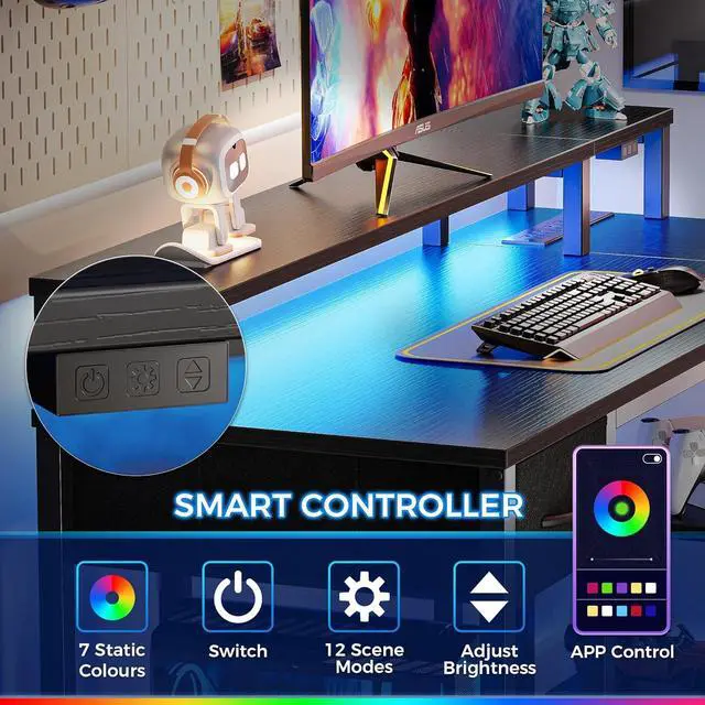 Alt view image 5 of 7 - SUPERJARE 53 inch Reversible L Shaped Desk with LED Lights & Power Outlets, Computer Desk with Shelves & Monitor Stand, Gaming Desk with Drawer, Home Office Desk Corner Desk, Black