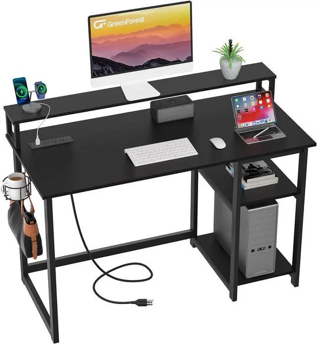 Main image of GreenForest 40 inch Computer Desk with Power Outlets, Small Home Office Desk with Ergonomic Monitor Stand, Reversible Gaming Desk, Modern Study Desk, Laptop Desk, Black