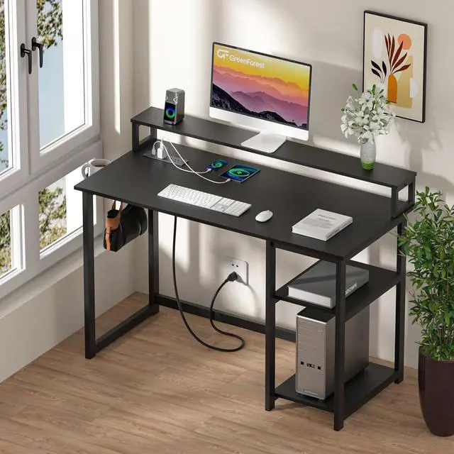 Alt view image 2 of 7 - GreenForest 40 inch Computer Desk with Power Outlets, Small Home Office Desk with Ergonomic Monitor Stand, Reversible Gaming Desk, Modern Study Desk, Laptop Desk, Black