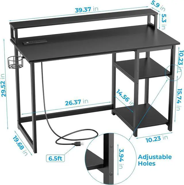 Alt view image 3 of 7 - GreenForest 40 inch Computer Desk with Power Outlets, Small Home Office Desk with Ergonomic Monitor Stand, Reversible Gaming Desk, Modern Study Desk, Laptop Desk, Black