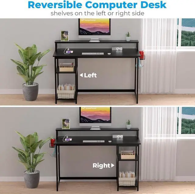 Alt view image 6 of 7 - GreenForest 40 inch Computer Desk with Power Outlets, Small Home Office Desk with Ergonomic Monitor Stand, Reversible Gaming Desk, Modern Study Desk, Laptop Desk, Black