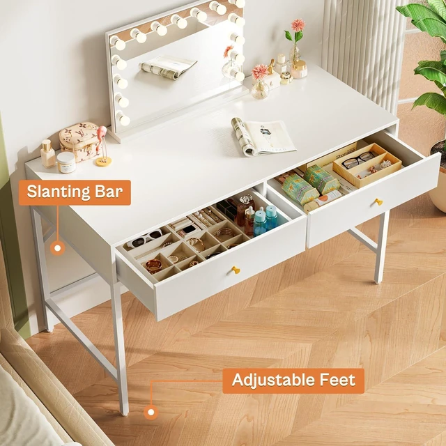 Alt view image 6 of 7 - SUPERJARE White Vanity Desk with Drawers, 47 inch Computer Desk