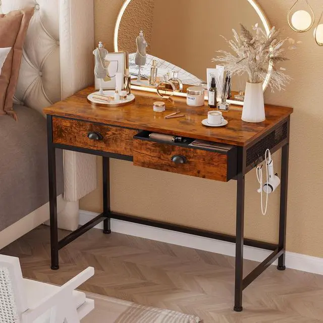 Alt view image 6 of 7 - Furologee Computer Desk with 2 Fabric Drawers, 36 Inch Small Home Office Writing Desk, Vanity Desk with Hooks, Simple Study Desk for Small Spaces, Makeup Dressing Table, Rustic Brown