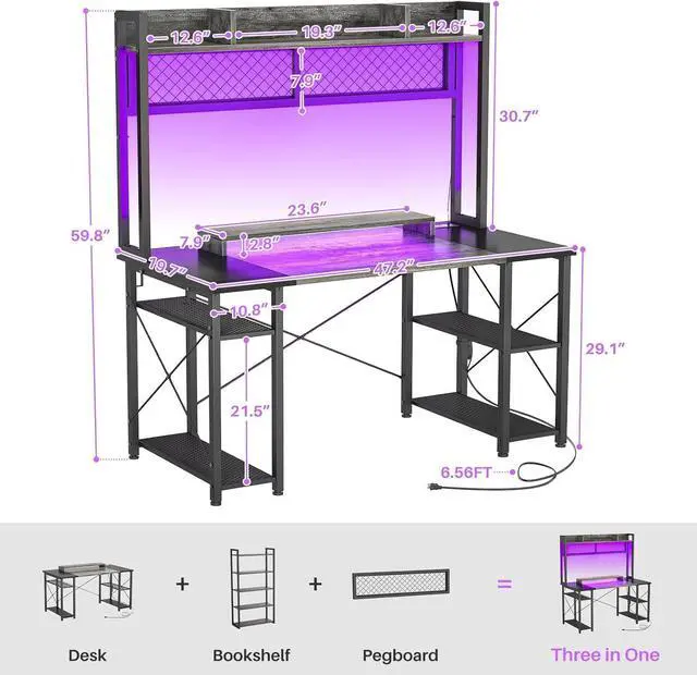 Alt view image 2 of 7 - armocity 2024 Upgrade Gaming Desk with Hutch, 48'' Magic Computer Desk with LED and Outlets, Reversible Workstation Desk with Pegboard, Grey/Black