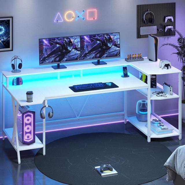 Main image of SEDETA White Gaming Desk 70.8'' with LED Lights and Storage Shelves, Computer Desk with Monitor Stand, Power Outlets and Cup Holder, Large PC Gamer Desk, Gaming Table for Bedroom, Living Room