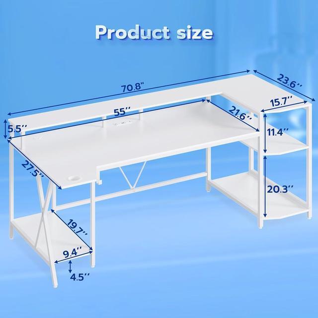Alt view image 2 of 7 - SEDETA White Gaming Desk 70.8'' with LED Lights and Storage Shelves, Computer Desk with Monitor Stand, Power Outlets and Cup Holder, Large PC Gamer Desk, Gaming Table for Bedroom, Living Room