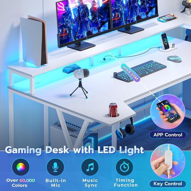Alt view image 7 of 7 - SEDETA White Gaming Desk 70.8'' with LED Lights and Storage Shelves, Computer Desk with Monitor Stand, Power Outlets and Cup Holder, Large PC Gamer Desk, Gaming Table for Bedroom, Living Room