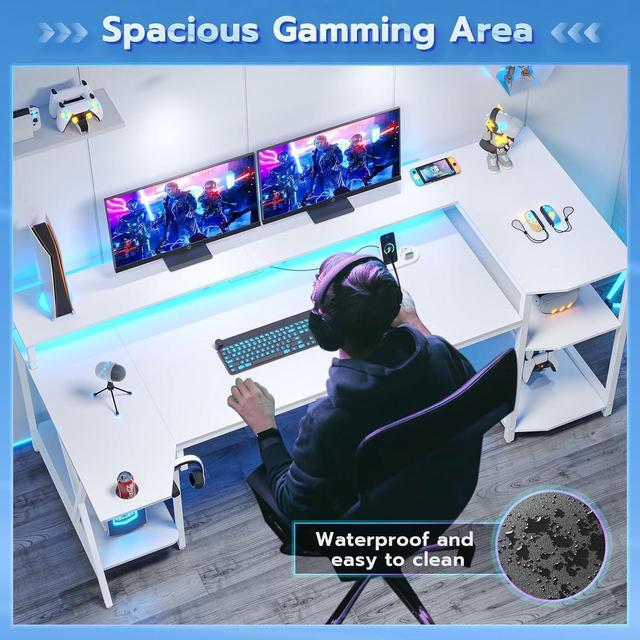 Alt view image 5 of 7 - SEDETA White Gaming Desk 70.8'' with LED Lights and Storage Shelves, Computer Desk with Monitor Stand, Power Outlets and Cup Holder, Large PC Gamer Desk, Gaming Table for Bedroom, Living Room