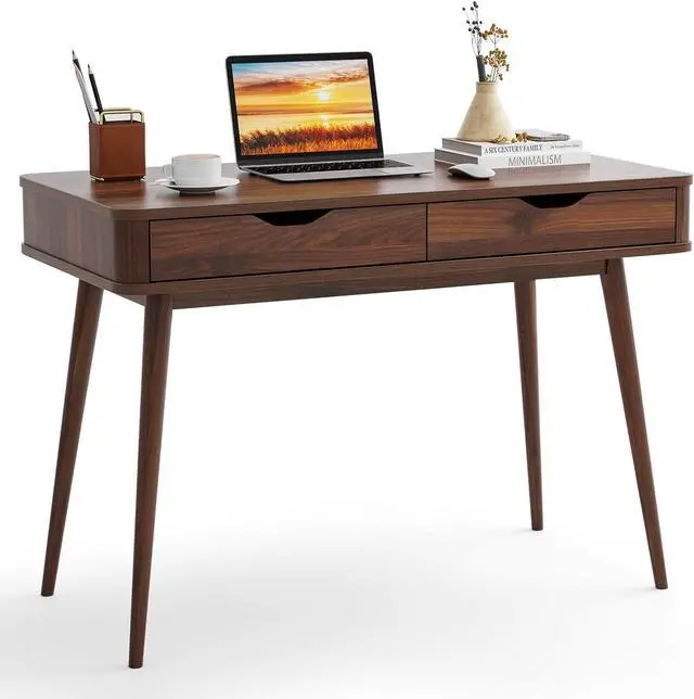 Main image of Mid Century Desk with 2 Storage Drawers, Modern Writing Study Desk with Rubber Wood Legs, Versatile Home Office Study Desk for Small Se, Vanity Table for Bedroom (Walnut)