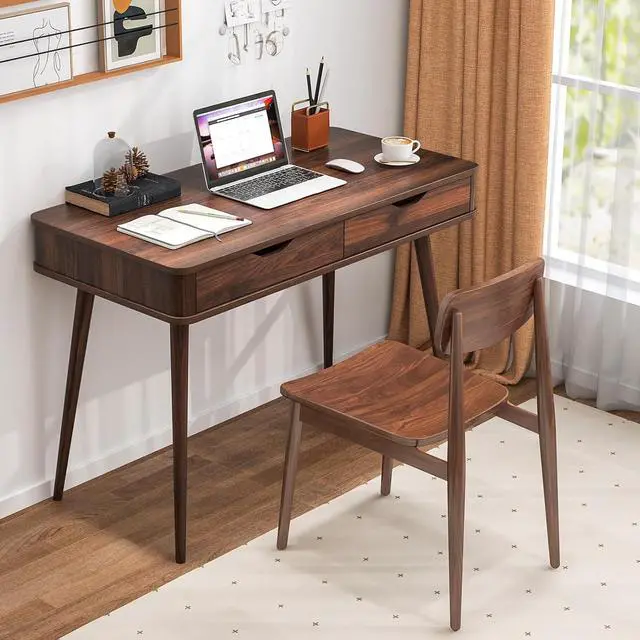 Alt view image 2 of 7 - Mid Century Desk with 2 Storage Drawers, Modern Writing Study Desk with Rubber Wood Legs, Versatile Home Office Study Desk for Small Se, Vanity Table for Bedroom (Walnut)