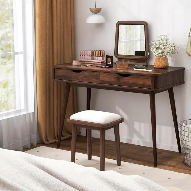 Alt view image 4 of 7 - Mid Century Desk with 2 Storage Drawers, Modern Writing Study Desk with Rubber Wood Legs, Versatile Home Office Study Desk for Small Se, Vanity Table for Bedroom (Walnut)