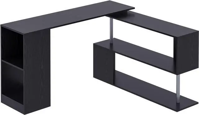 Main image of HOMCOM 55" 360° Rotating Corner Computer Desk Modern L-Shaped Home Office Workstation with 3-Tier Storage Shelves, Bookshelf, Black