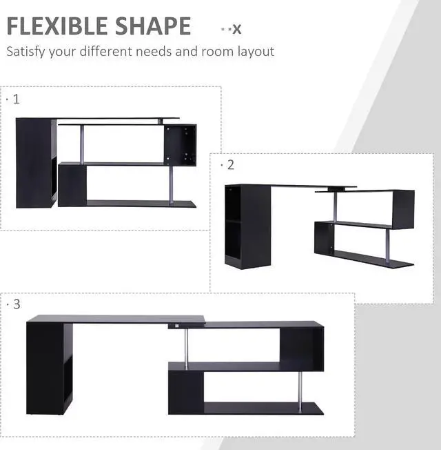 Alt view image 4 of 7 - HOMCOM 55" 360° Rotating Corner Computer Desk Modern L-Shaped Home Office Workstation with 3-Tier Storage Shelves, Bookshelf, Black