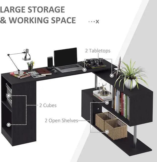 Alt view image 5 of 7 - HOMCOM 55" 360° Rotating Corner Computer Desk Modern L-Shaped Home Office Workstation with 3-Tier Storage Shelves, Bookshelf, Black