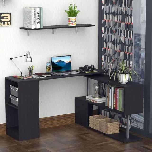 Alt view image 2 of 7 - HOMCOM 55" 360° Rotating Corner Computer Desk Modern L-Shaped Home Office Workstation with 3-Tier Storage Shelves, Bookshelf, Black