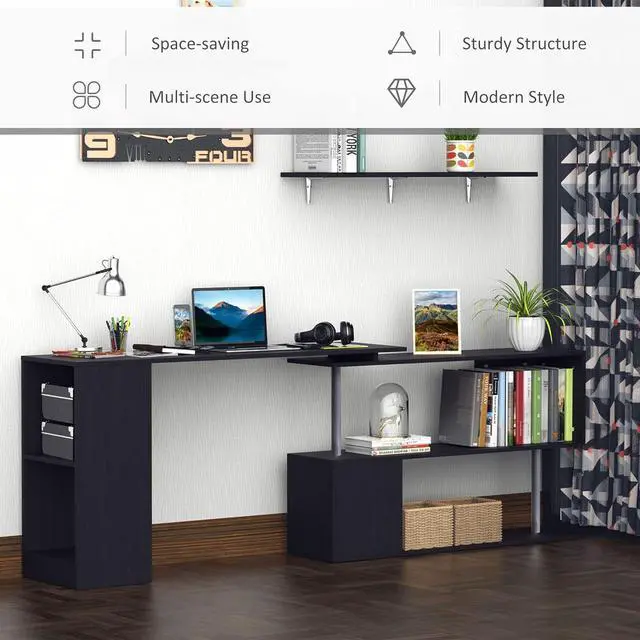 Alt view image 6 of 7 - HOMCOM 55" 360° Rotating Corner Computer Desk Modern L-Shaped Home Office Workstation with 3-Tier Storage Shelves, Bookshelf, Black