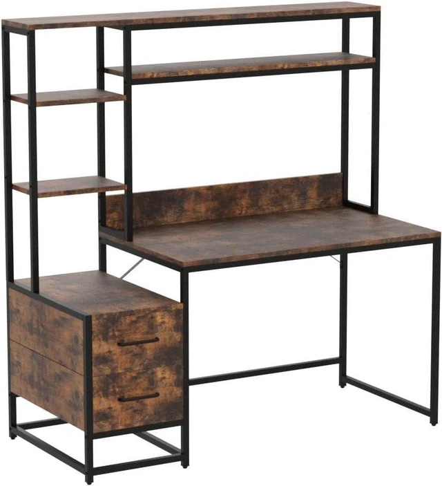 Alt view image 4 of 7 - Tribesigns 55 Inch Computer Desk with 2 Drawers and Storage Shelves, Rustic Office Desk with Hutch, Study Writing Gaming Table Laptop Workstation for Home Office (Brown)