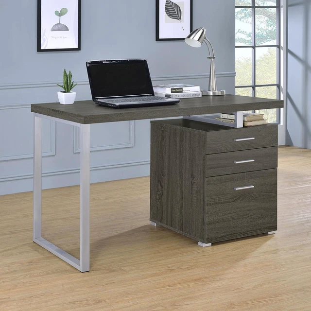 Alt view image 2 of 7 - Coaster Home Furnishings Brennan Modern Contemporary Home Office 3-Drawer Writing Desk with Drawers Computer Desk Study Table File Cabinet Storage Silver Metal Frame Weathered Grey 800520