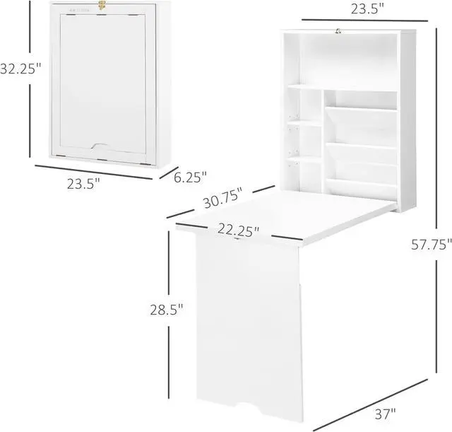 Alt view image 3 of 7 - HOMCOM Wall Mounted Fold Out Convertible Desk with Storage Shelf White