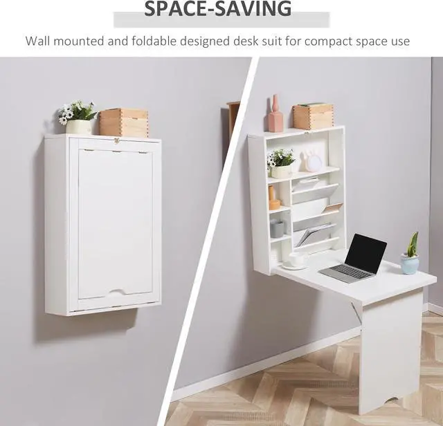 Alt view image 4 of 7 - HOMCOM Wall Mounted Fold Out Convertible Desk with Storage Shelf White
