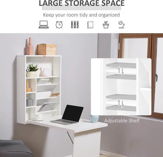 Alt view image 5 of 7 - HOMCOM Wall Mounted Fold Out Convertible Desk with Storage Shelf White