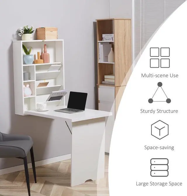 Alt view image 6 of 7 - HOMCOM Wall Mounted Fold Out Convertible Desk with Storage Shelf White
