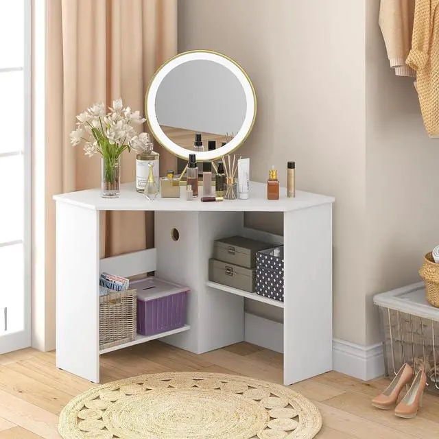 Alt view image 4 of 7 - Corner Computer Desk, 90 Degrees Triangle Desk w/Shelves & CPU Stand, Compact Corner Vanity Makeup Desk with Storage, Corner Desks for Small Spaces (White)