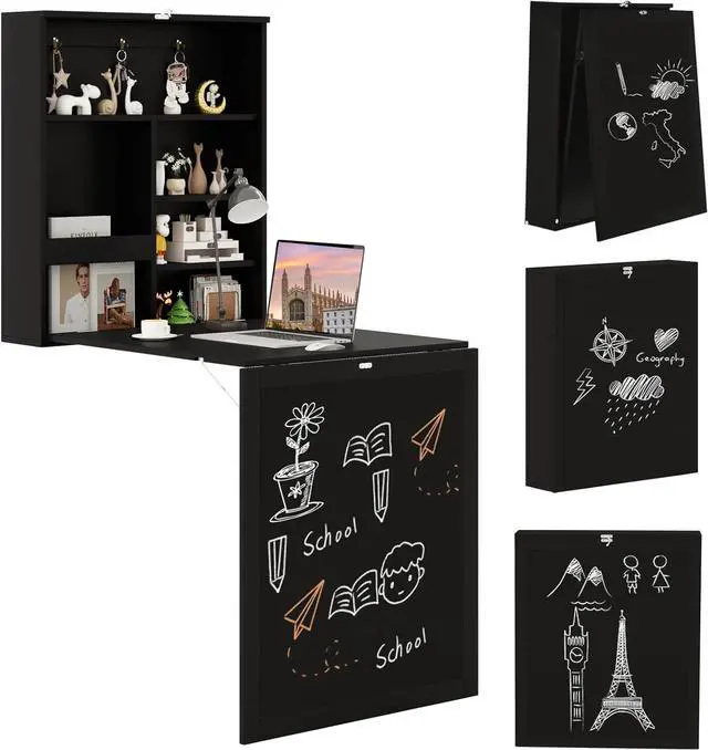 Main image of Tangkula Foldable Wall-Mounted Desk, Floating Desk with Chalkboard, Storage Shelves & Hooks, Space-Saving Murphy Table for Home Office, Bedroom, Dorm Room, Small Spaces
